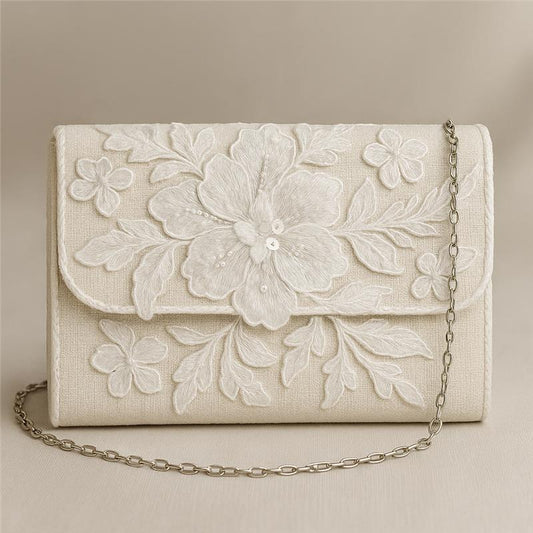 Ivory Floral Embroidered Bridal Flap Clutch