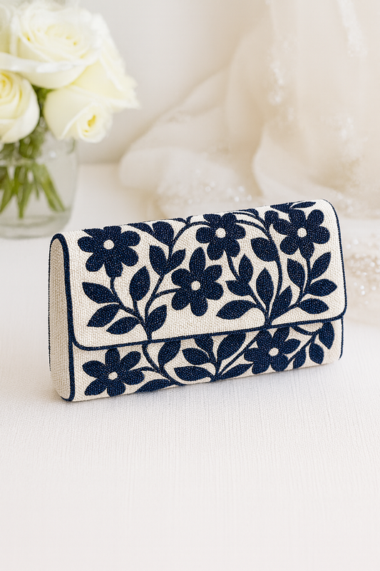 Navy Floral Beaded Clutch