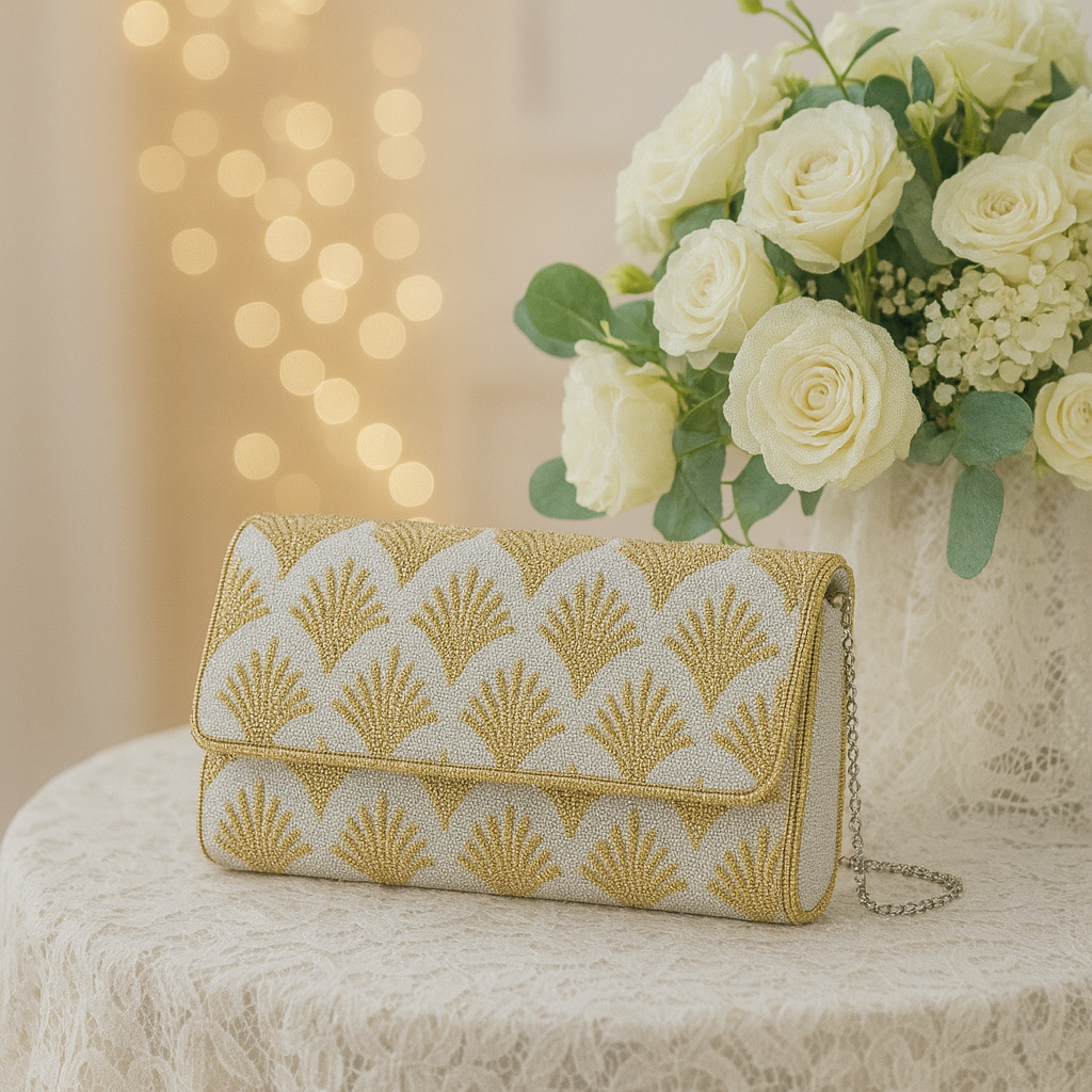 Gold Scallop Beaded Clutch