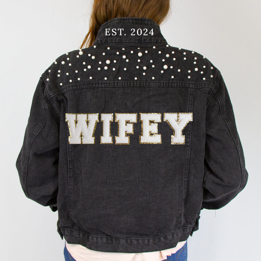 (Black Pearl) Personalized Patch  Pearl Denim Jacket