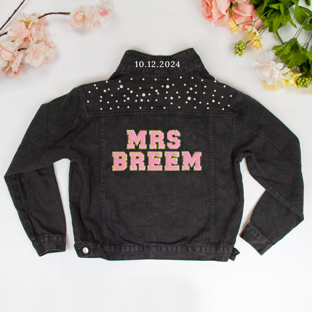 (Black Pearl) Personalized Patch  Pearl Denim Jacket