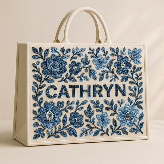 Personalized Beaded Floral Tote
