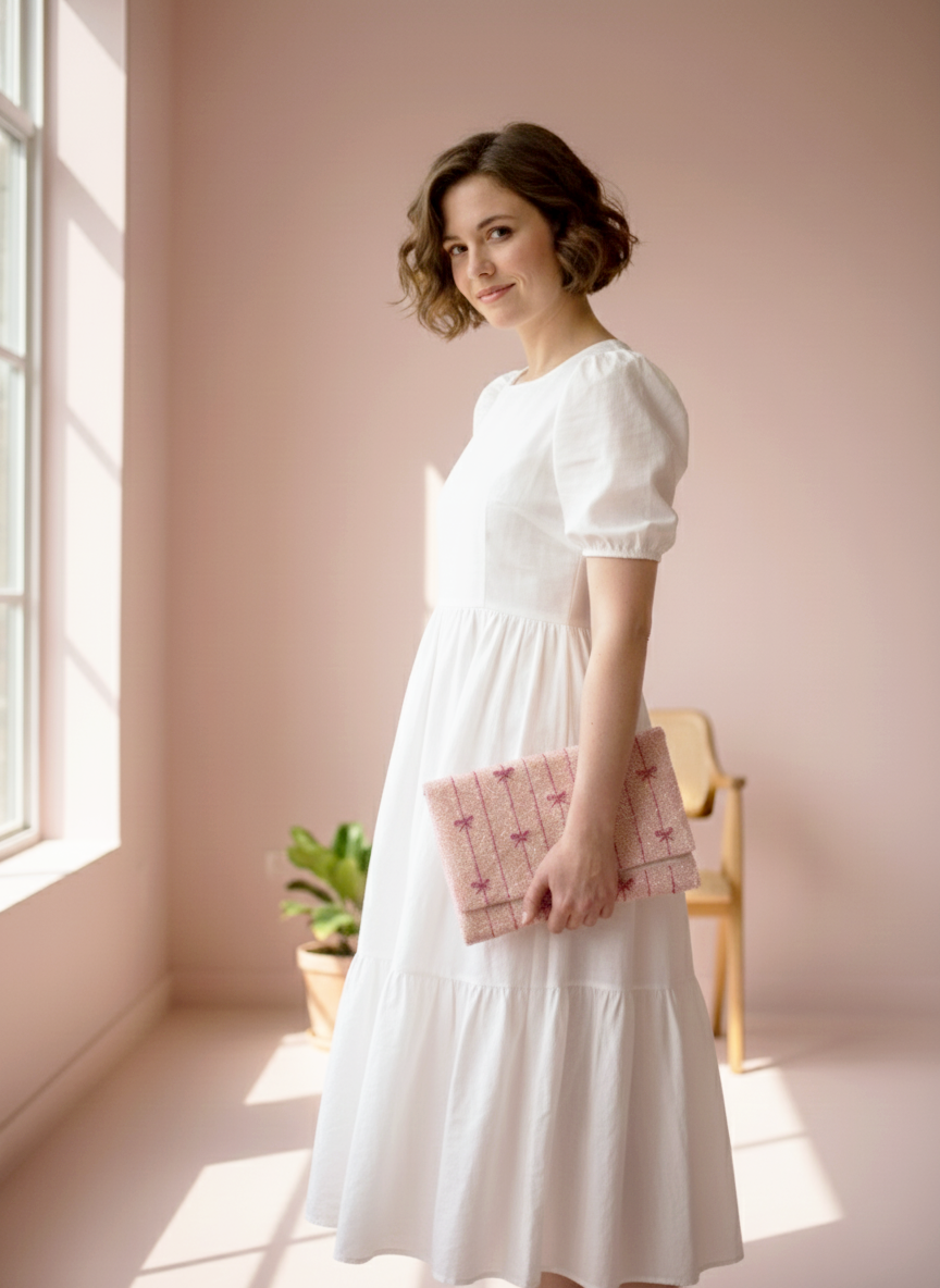 Coquette Style Beaded Canvas Clutch for Women