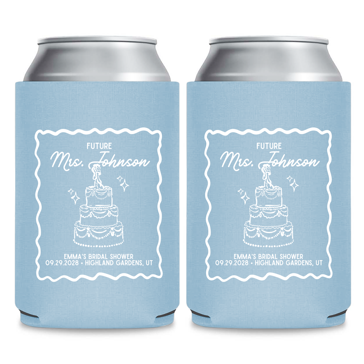 two blue can holders with white text and graphics, likely intended for a bridal shower.