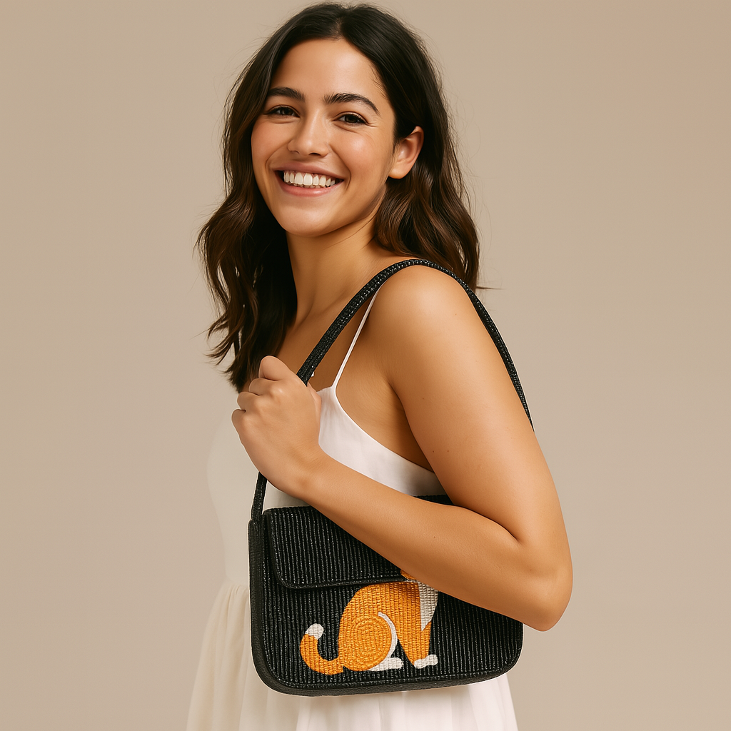 Beaded Cat Design Shoulder Bag