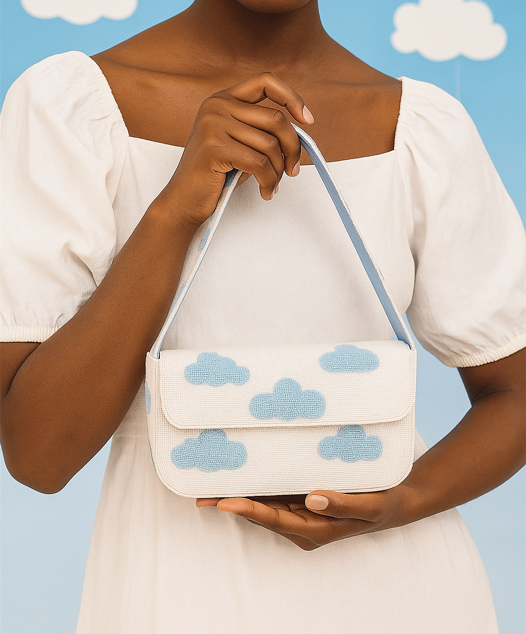 White Cloud Beaded Purse with Blue Clouds