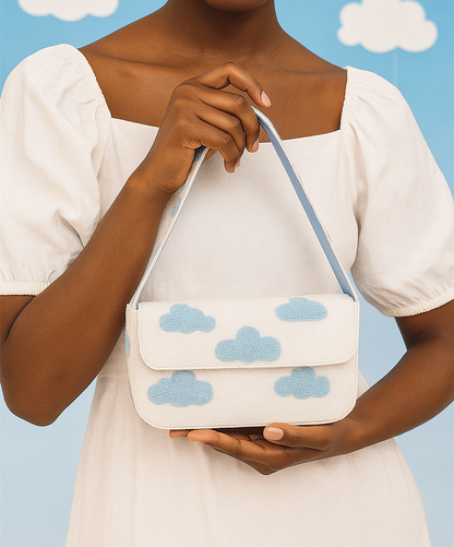 White Cloud Beaded Purse with Blue Clouds