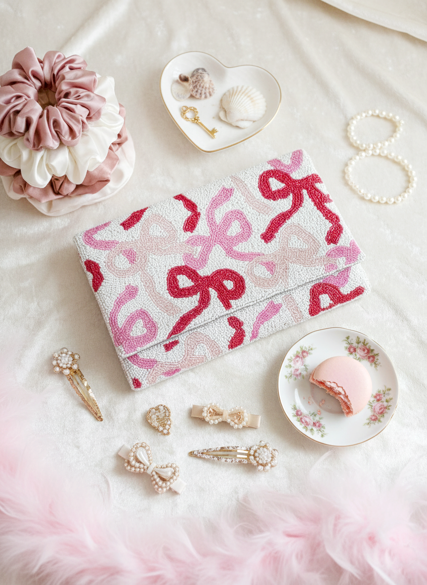 Coquette Style Beaded Canvas Clutch for Women