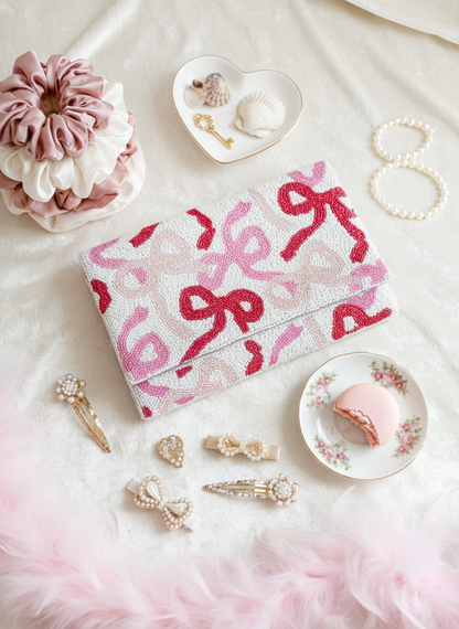 Coquette Style Beaded Canvas Clutch for Women