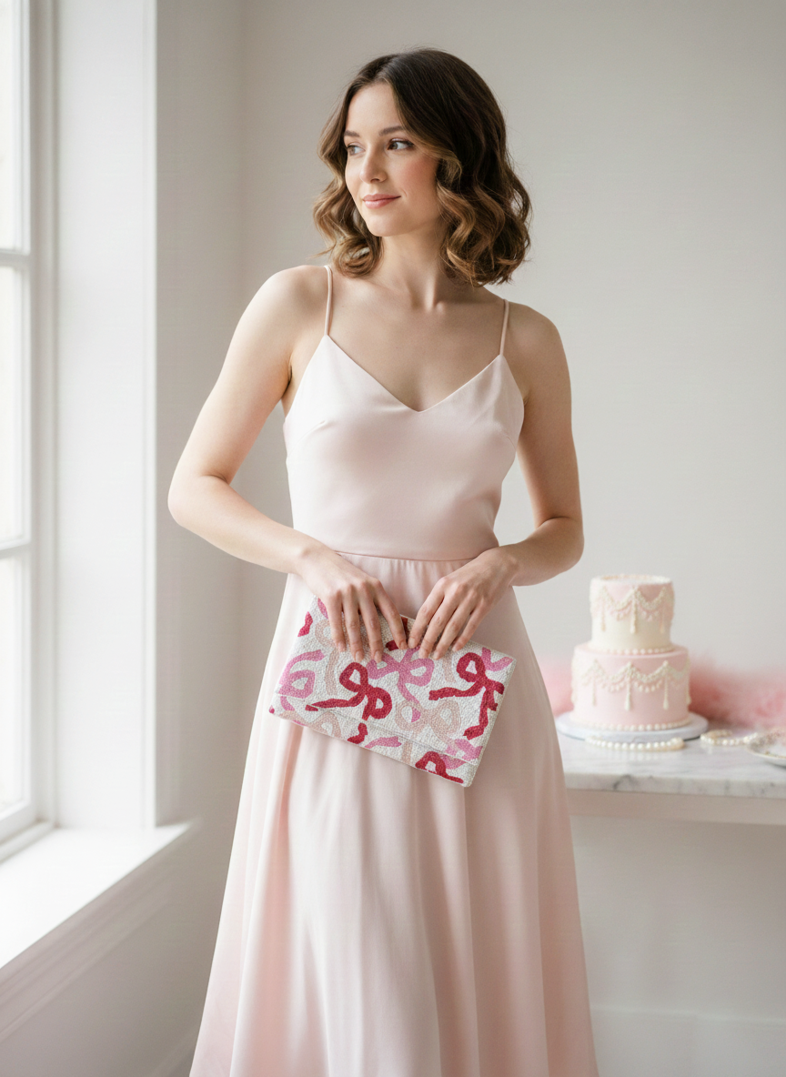 Coquette Style Beaded Canvas Clutch for Women