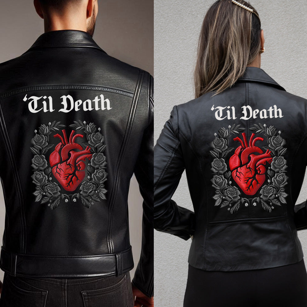 (Real Leather) Til Death Heart Embroidery Leather Jacket