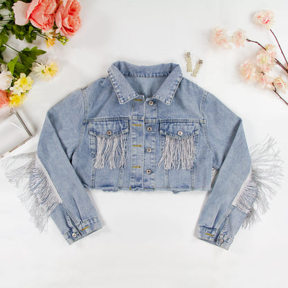 (Blue Fringe) Patch Denim Jacket