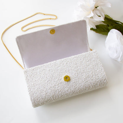Unique Bridal Clutch: Custom Mrs Clutch Purse with Photo (FOG) showcasing detailed beadwork and a personal photo touch. Expertly handcrafted, this bridal clutch measures 9.5in x 5in x 3in, fitting all your wedding day essentials. With customizable options like a gold or silver chain and an inside date, it's the ideal blend of personalization and elegance. Perfect for brides looking for a one-of-a-kind accessory or as a memorable gift for a special bride-to-be