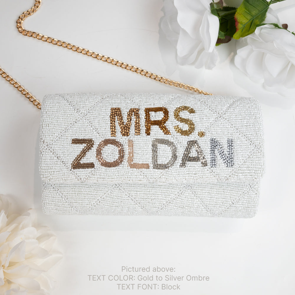 Elegant Custom Bridal Quilted Pattern Clutch Purse (FOG) featuring intricate beadwork and handcrafted details. Sized at 9.5in x 5in x 3in with an option for a gold or silver chain, this purse is both functional and fashionable for a bride's special day. The interior showcases a custom date, adding a personal touch to this one-of-a-kind accessory.