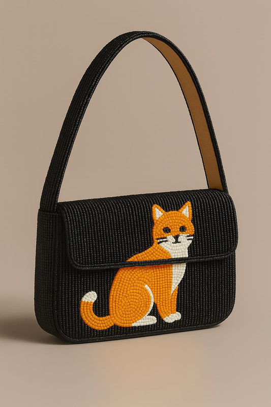 Beaded Cat Design Shoulder Bag