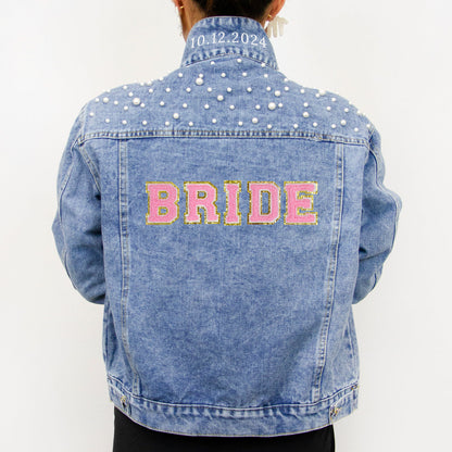 (Blue Pearl) Wedding Party Custom Patch Denim Jacket