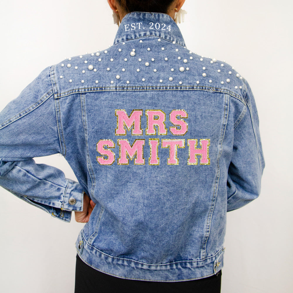 (Blue Pearl) Wedding Party Custom Patch Denim Jacket