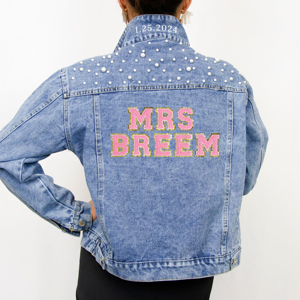 (Blue Pearl) Wedding Party Custom Patch Denim Jacket