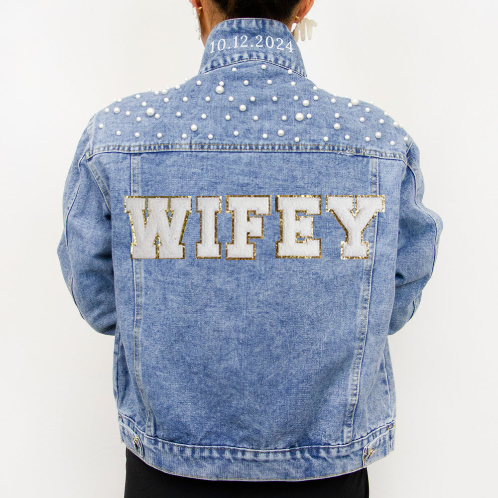 (Blue Pearl) Wedding Party Custom Patch Denim Jacket