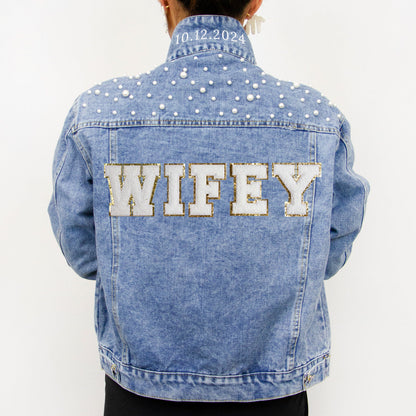 (Blue Pearl) Wedding Party Custom Patch Denim Jacket