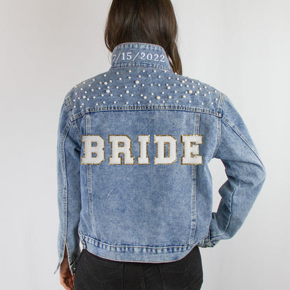 (Blue Pearl) Wedding Party Custom Patch Denim Jacket