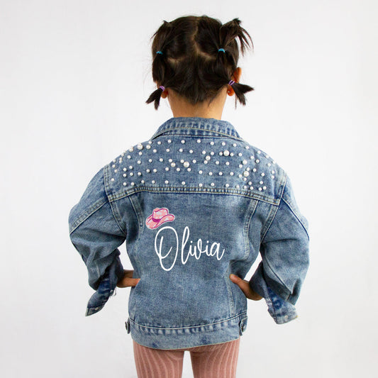 (Blue Pearl) Custom Cowgirl Hat Patch Kids Denim Jacket