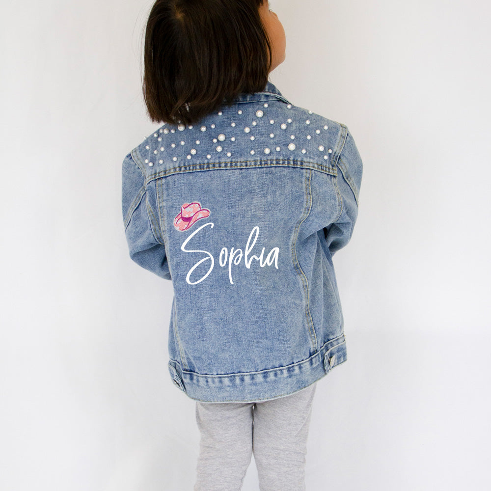 (Blue Pearl) Custom Cowgirl Hat Patch Kids Denim Jacket