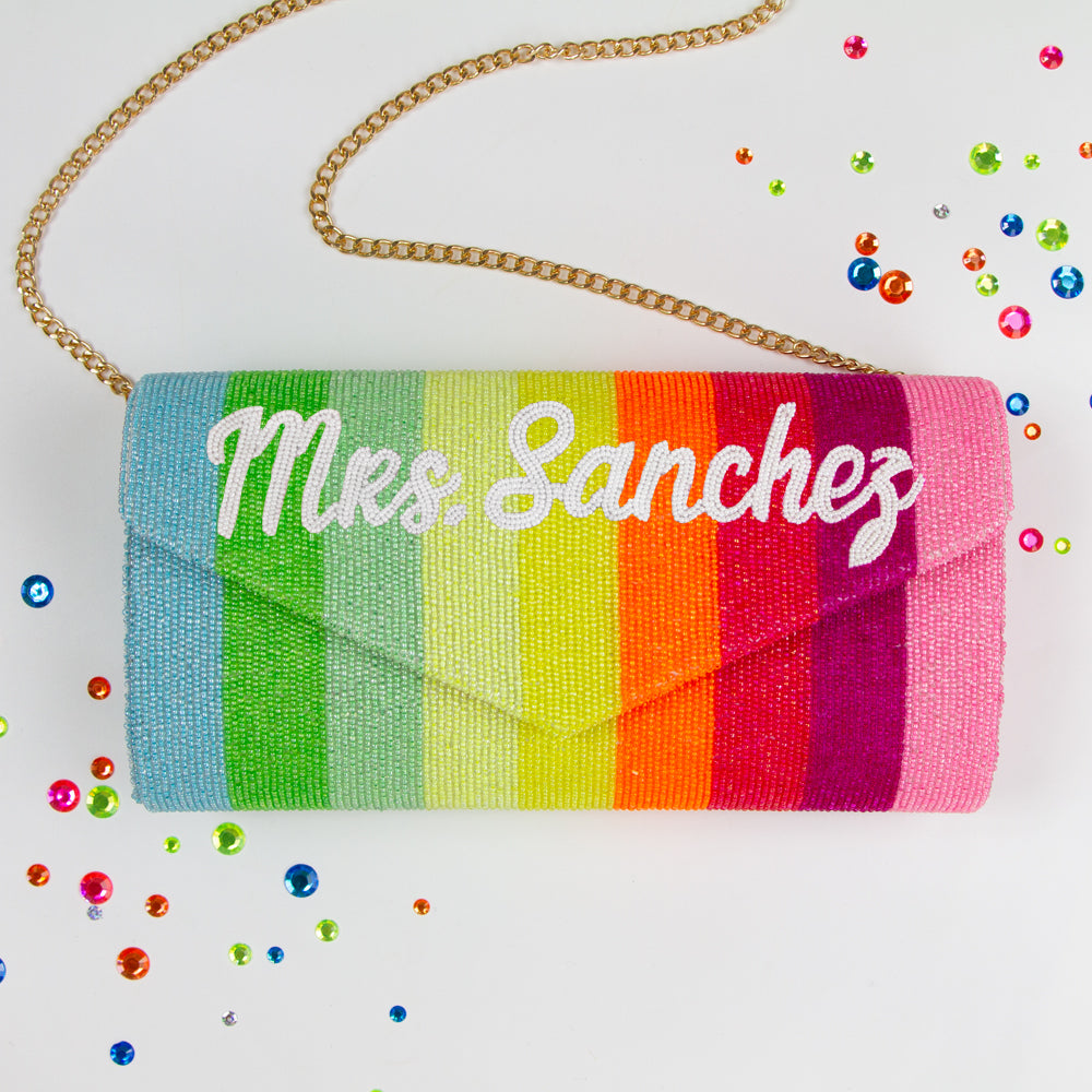 Elegant Personalized Last Name Envelope Wedding Clutch Bag, a unique and handmade accessory for brides on their special day
