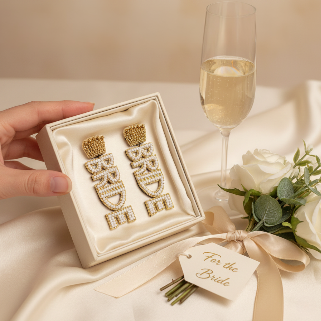 Gold and White Seed Bead Bride Earrings