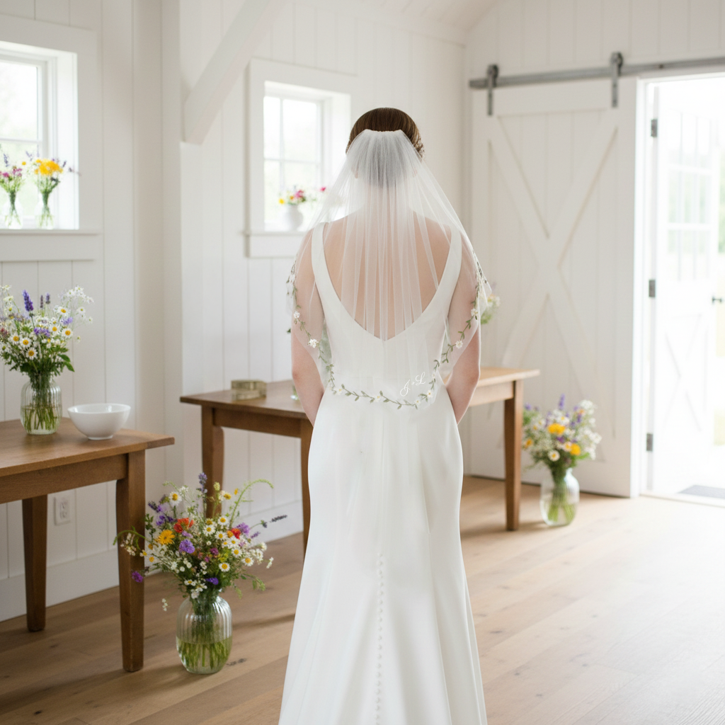 Embroidered Floral Wedding Veil with Botanical Vine