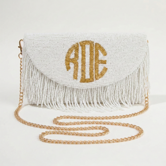 Beaded Half-Moon Fringe Clutch for Bride