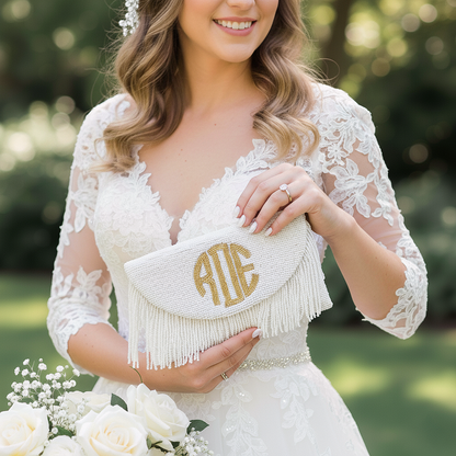 Beaded Half-Moon Fringe Clutch for Bride