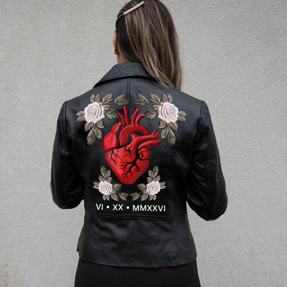 (Real Leather) Embroidered Heart Leather Jacket