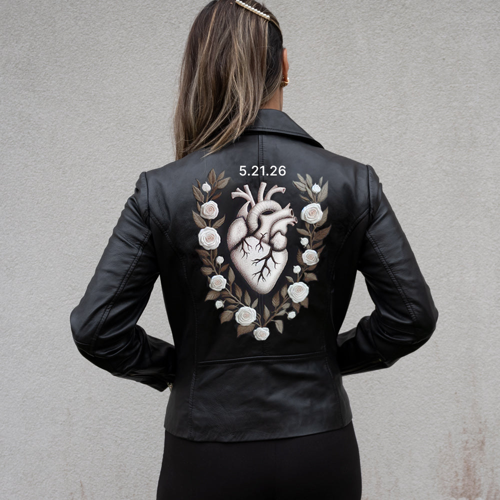 (Real Leather) Custom Heart Embroidery Leather Jacket