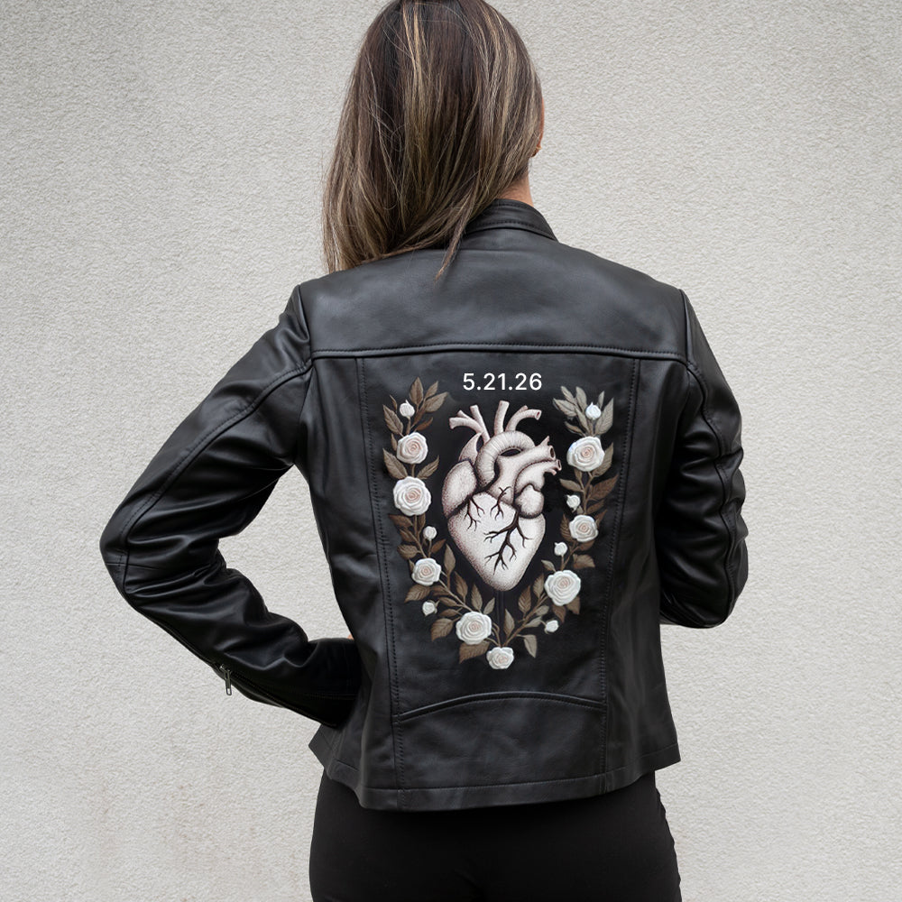 (Real Leather) Custom Heart Embroidery Leather Jacket