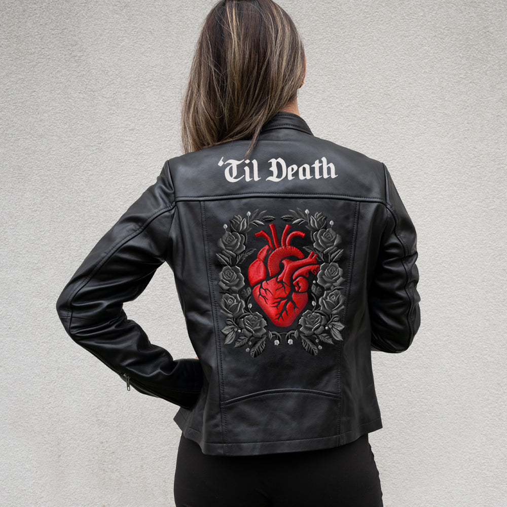 (Real Leather) Til Death Heart Embroidery Leather Jacket