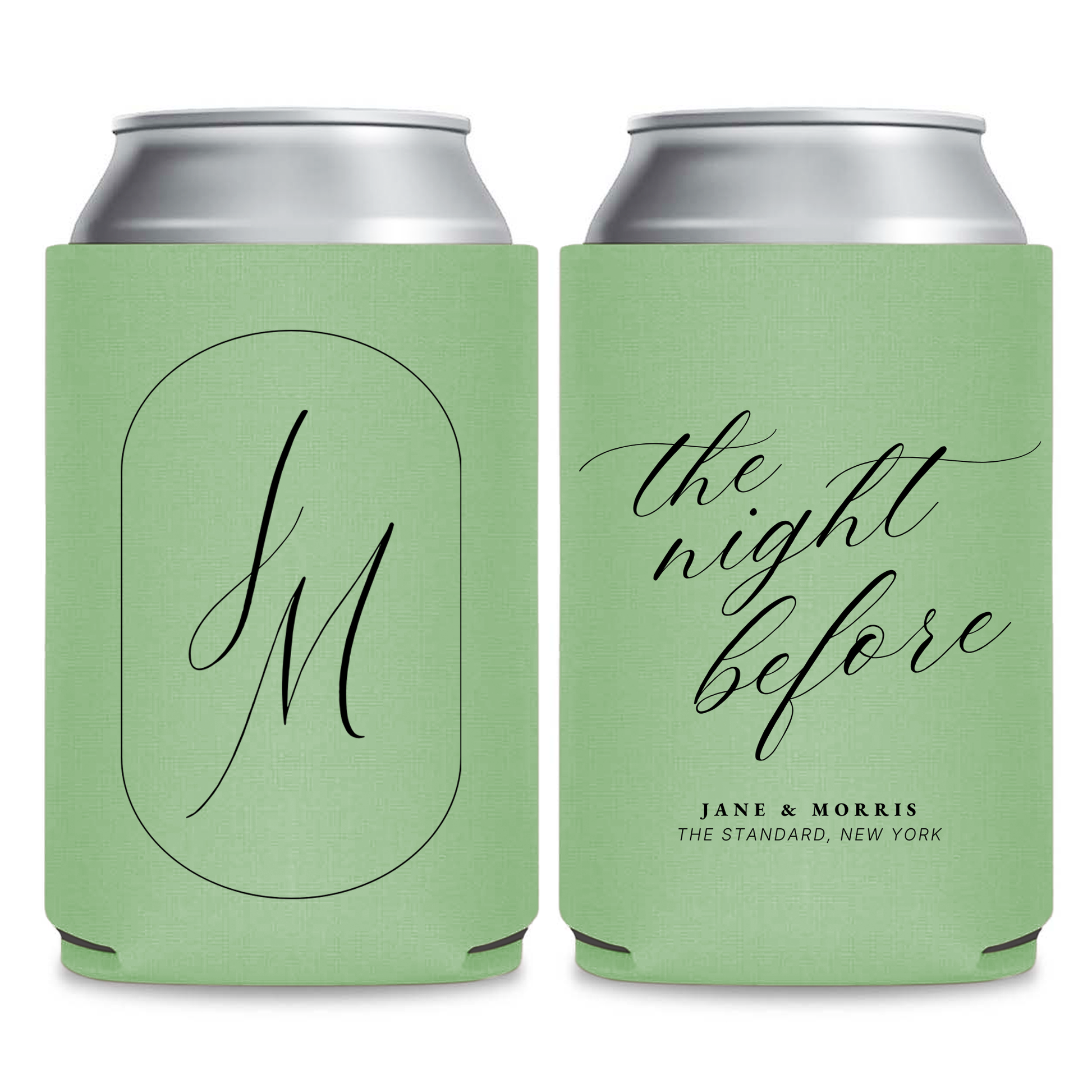 two green can holders with a monogram design and text on them.