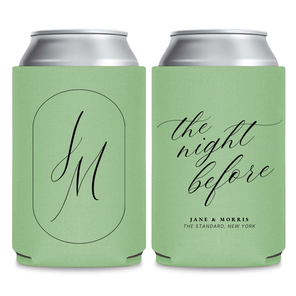 two green can holders with a monogram design and text on them.