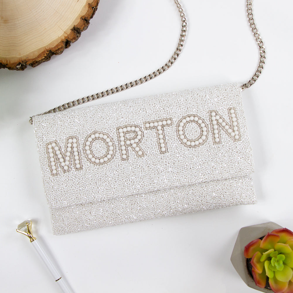 Elegant Custom Mrs Pearl Bridal Clutch Bag (LHFC) with intricate beading, perfect for holding essentials on the wedding day