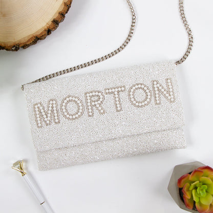 Elegant Custom Mrs Pearl Bridal Clutch Bag (LHFC) with intricate beading, perfect for holding essentials on the wedding day