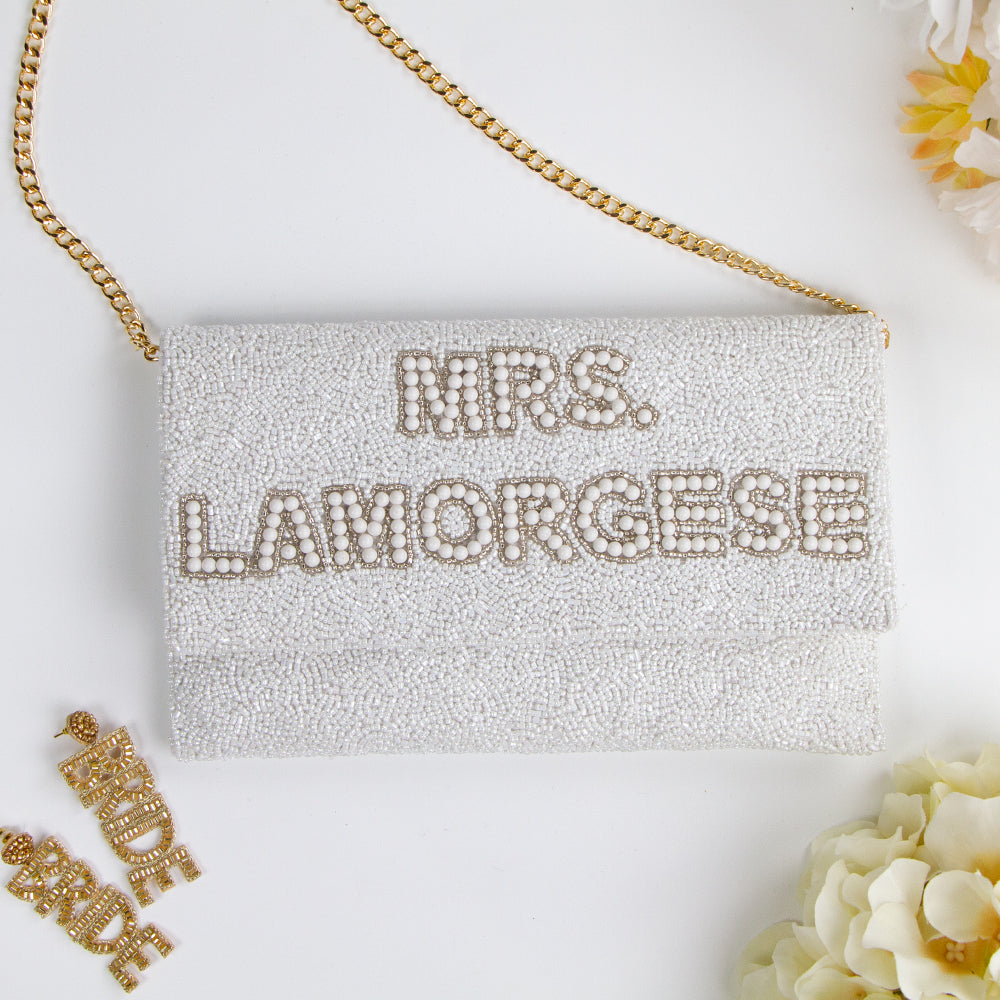 Elegant Custom Mrs Pearl Bridal Clutch Bag (LHFC) with intricate beading, perfect for holding essentials on the wedding day