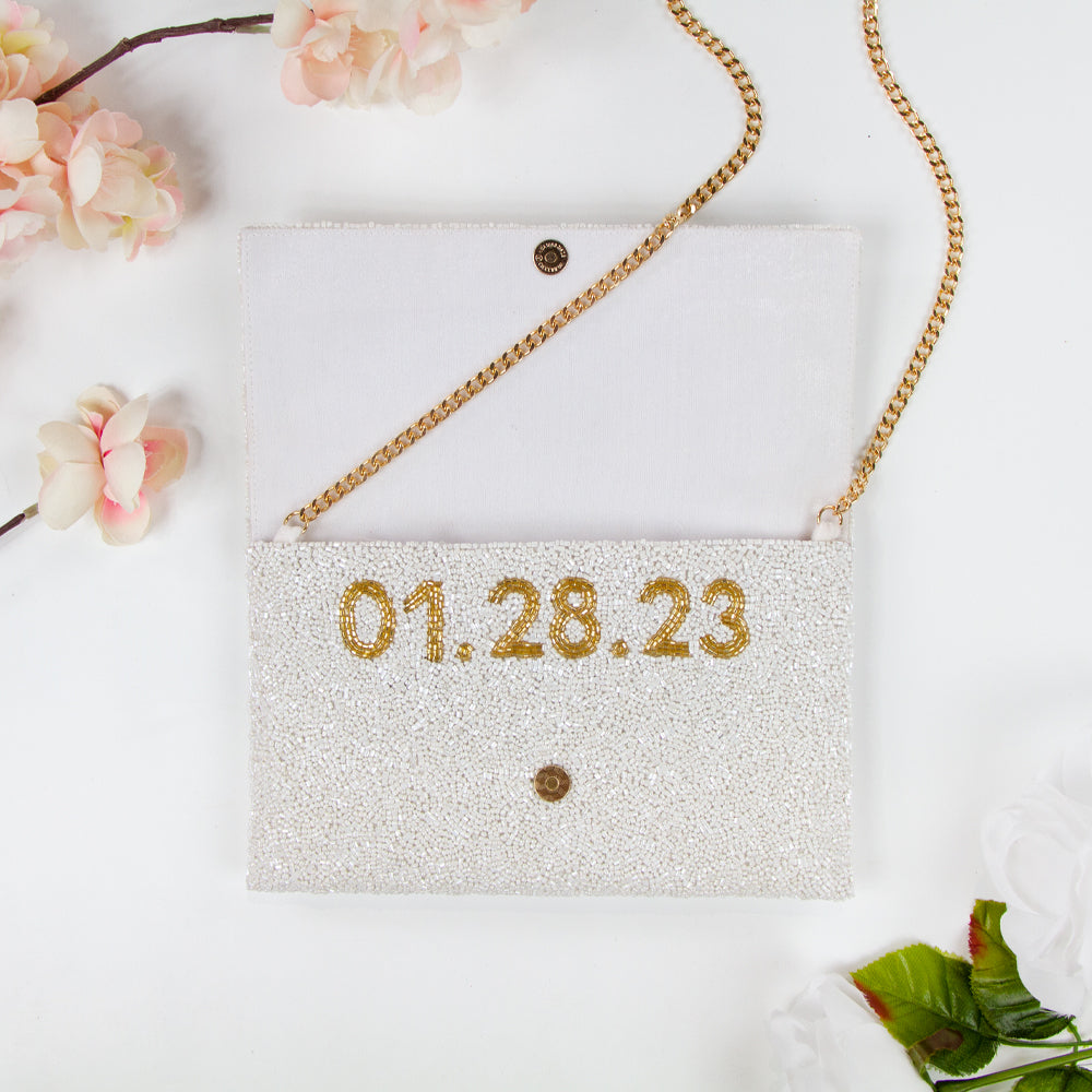 Elegant Custom Mrs Pearl Bridal Clutch Bag (LHFC) with intricate beading, perfect for holding essentials on the wedding day