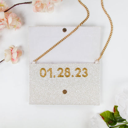 Elegant Custom Mrs Pearl Bridal Clutch Bag (LHFC) with intricate beading, perfect for holding essentials on the wedding day