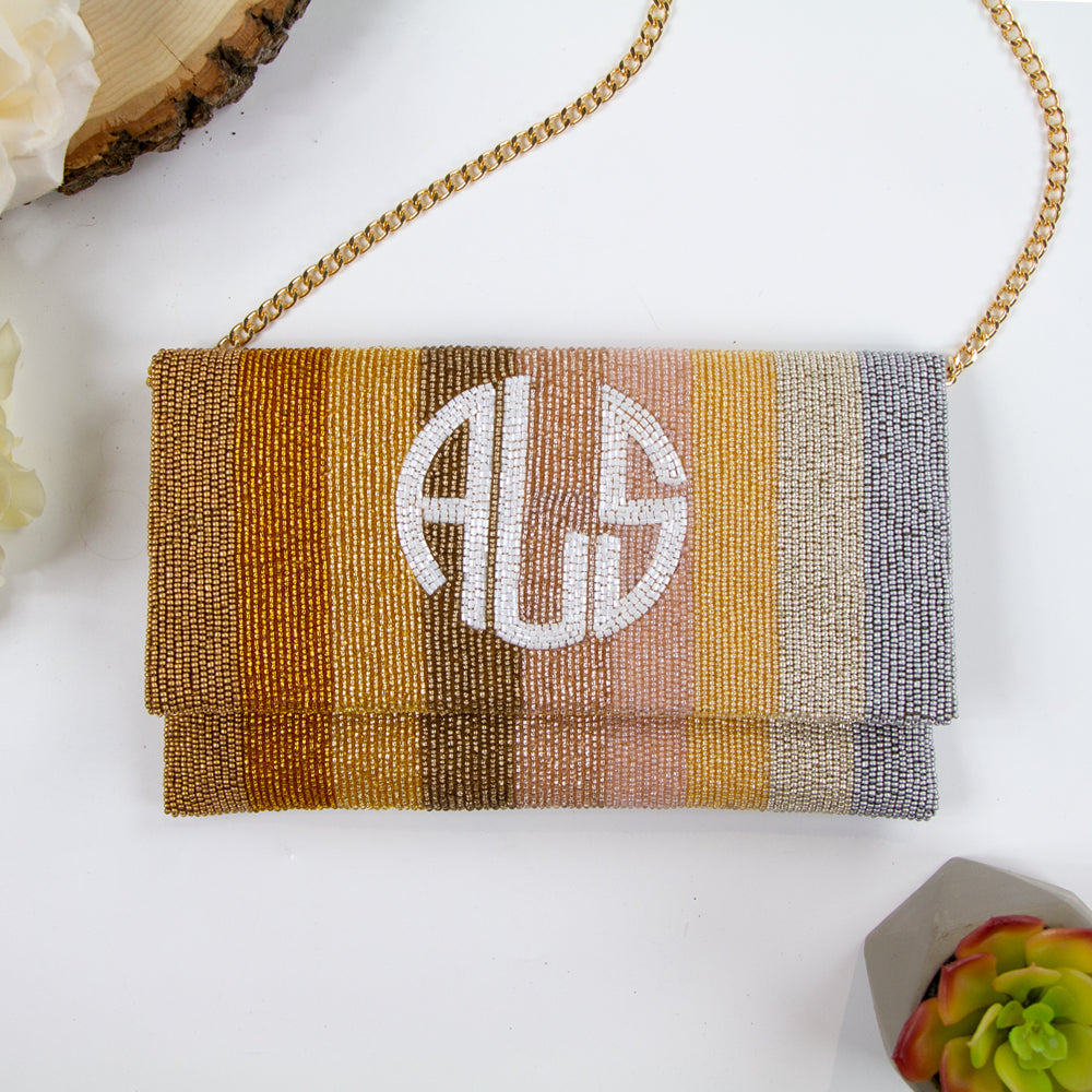 Handmade Custom Mrs Last Name Bridal Clutch (LHFC) with elegant beading, ideal for storing essentials on the wedding day