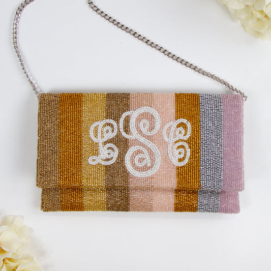 Handmade Custom Mrs Last Name Bridal Clutch (LHFC) with elegant beading, ideal for storing essentials on the wedding day
