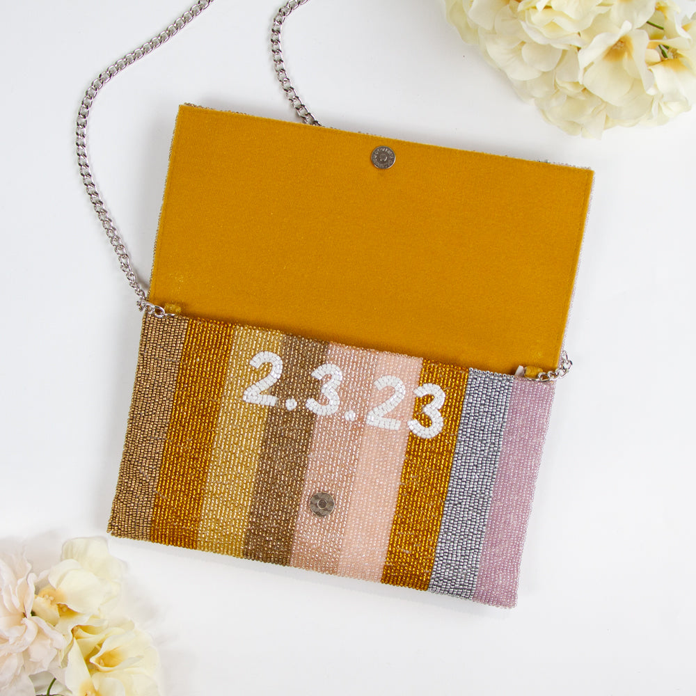 Handmade Custom Mrs Last Name Bridal Clutch (LHFC) with elegant beading, ideal for storing essentials on the wedding day