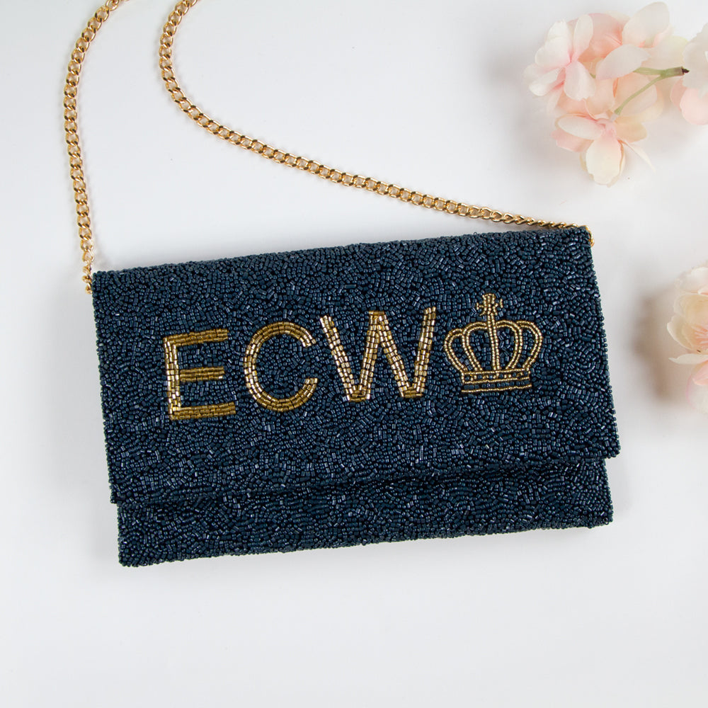 Handmade Custom Design Clutch (LHFC) with rainbow beading and white text, perfect for weddings and special events. Features gold or silver chain and unique beaded patterns, ideal for brides seeking a one-of-a-kind bridal clutch
