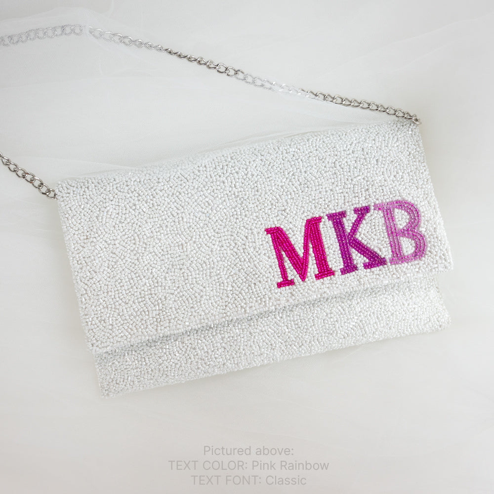 Handmade Personalized Monogram Bridal Clutch Bag (LHFC) with intricate beading and velvet interior, perfect for wedding essentials