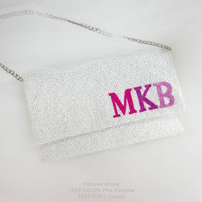 Handmade Personalized Monogram Bridal Clutch Bag (LHFC) with intricate beading and velvet interior, perfect for wedding essentials