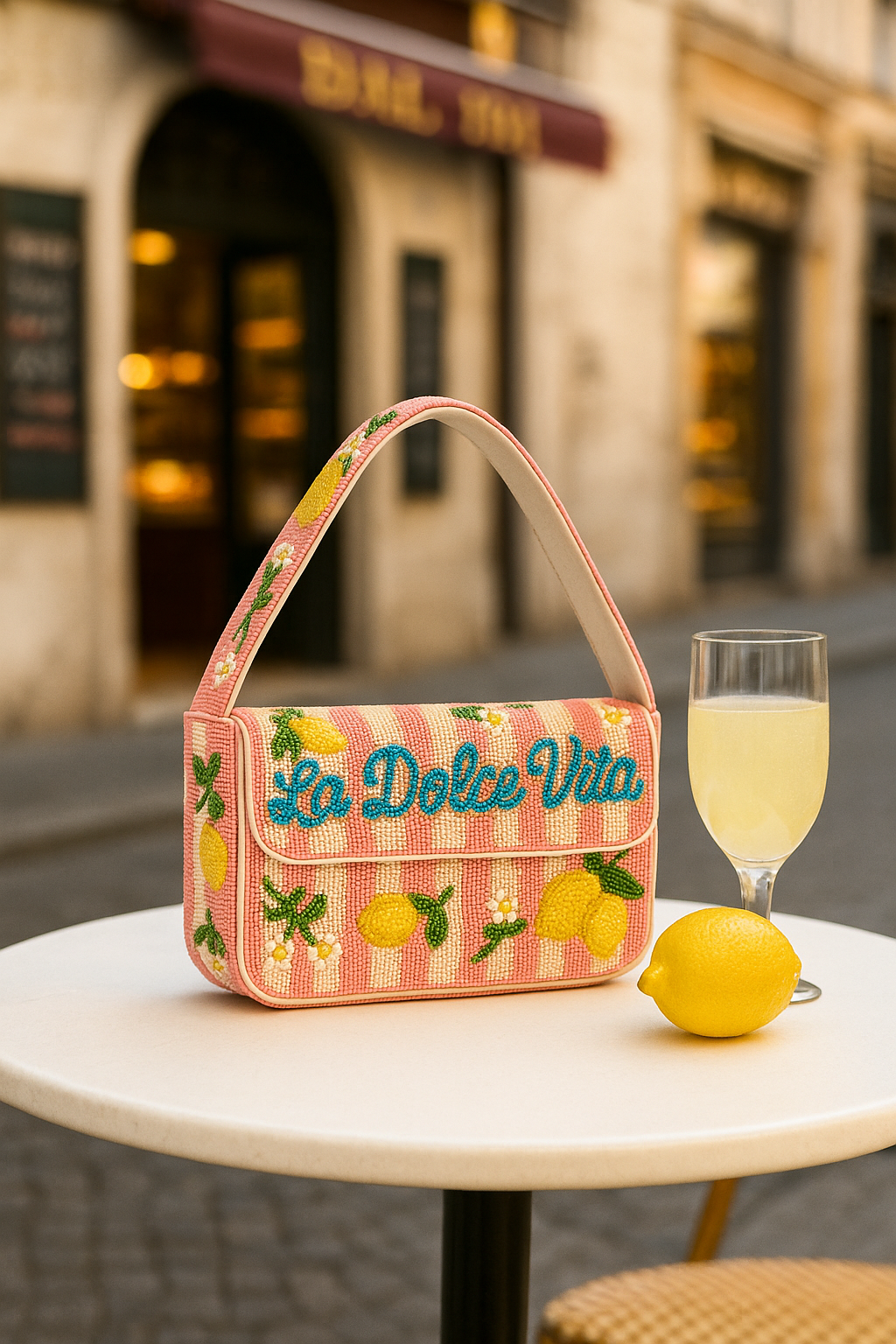 Orange "La Dolce Vita" Striped Lemon Beaded Purse